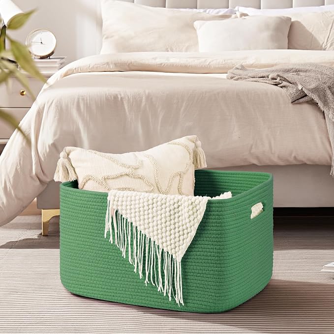 OIAHOMY 75L Large Blanket Basket, Woven Cotton Rope Baskets for Organizing 22”x17”x12”, Blanket Basket living Room, Toy Storage Bins for Nursery, Green - Image 4