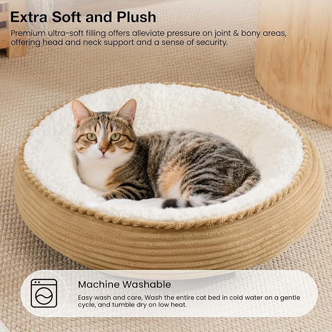 Love's cabin Round Donut Cat and Dog Cushion Bed, 20in Pet Bed for Cats or Small Dogs, Anti-Slip & Water-Resistant Bottom, Super Soft Durable Fabric Pet beds, Washable Luxury Cat Dog Bed Stripe Camel - Image 7