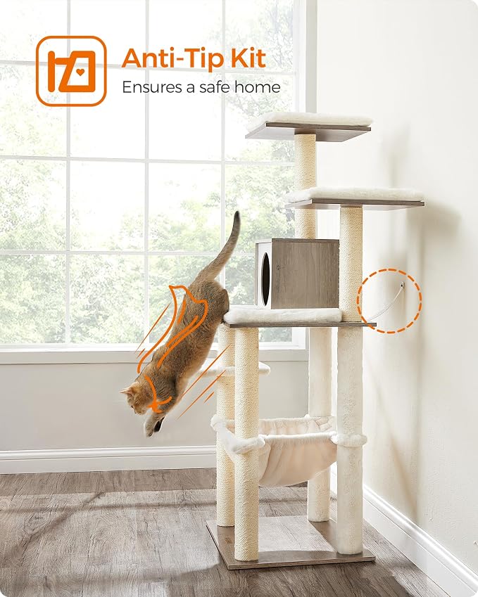 Feandrea Cat Tree, 56.3-Inch Modern Cat Tower, Multi-Level Plush Condo with Scratching Posts, Hammock, Washable Cushion, Heather Greige UPCT164G01 - Image 9
