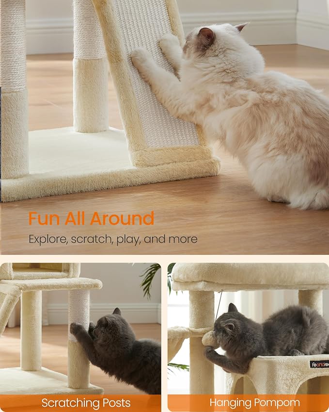 Feandrea Cat Tree, 37.8-Inch Cat Tower, Multi-Level Condo with Widened Perch, Scratching Posts and Ramp, 2-Door Cave, Hammock, Beige UPCT51M - Image 7