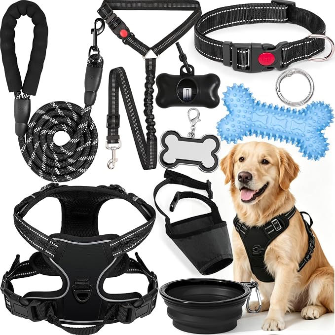 No Pull Dog Harness Adjustable Collar & Leash Set - Dog Halter Harnesses Collapsible Bowls & Poop Bag Dispenser Muzzle ID Tags Toys Fits Small Medium Large Dogs (Black-L) by Unknown