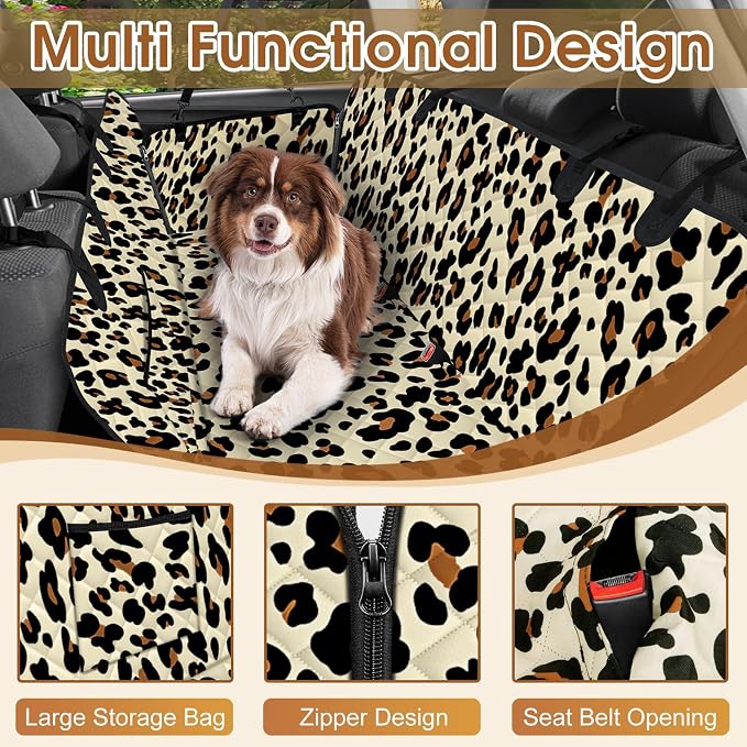 Waterproof Dog Car Seat Cover for Back Seat, Pet Hammock- S, Leopard/Black | Durable waterproof hammock with nonslip design & storage pockets. Protects seats from scratches, fits cars, SUVs & trucks. - Image 3