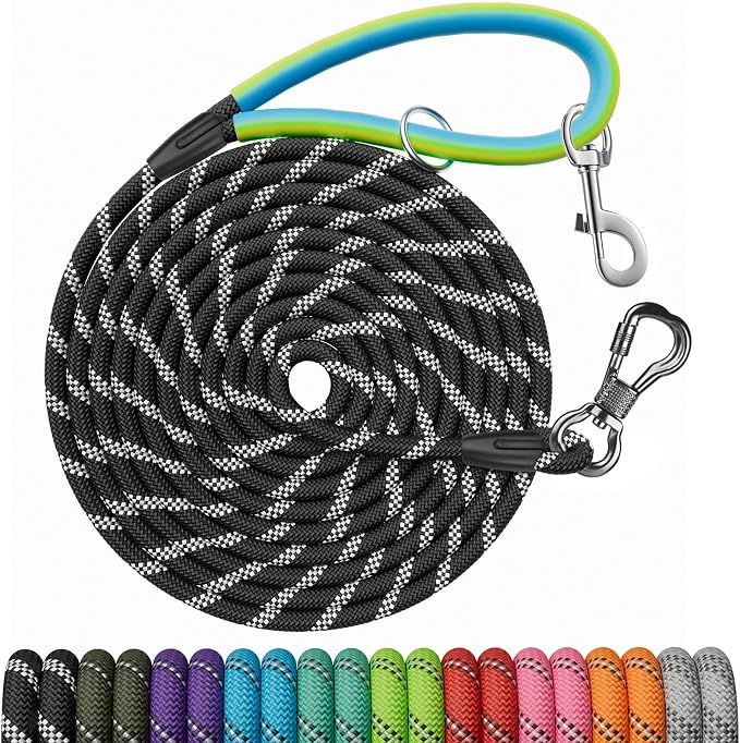 Long Dog Leash for Training 10FT/15FT/20FT/30FT/40FT/50FT/100FT, Reflective Leash with 2 Hooks, Heavy Duty Dog Lead for Large Medium Small Dogs Outside Walking, Camping, or Yard，Black 10FT by NTR