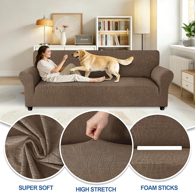 MAXIJIN Waterproof Oversized Couch Cover 4 Seater, 1 Piece Stretch Extra Large Sofa Covers with Non-Slip Elastic Bottom, Washable Furniture Protector for Dogs Pets (X-Large, Coffee) - Image 2