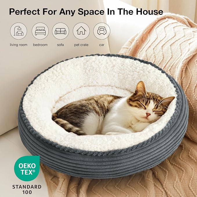 Love's cabin Round Donut Cat and Dog Cushion Bed, 20in Pet Bed for Cats or Small Dogs, Anti-Slip Water-Resistant Bottom, Super Soft Durable Fabric Pet beds, Washable Cat Dog Bed Stripe Bluish Grey - Image 5