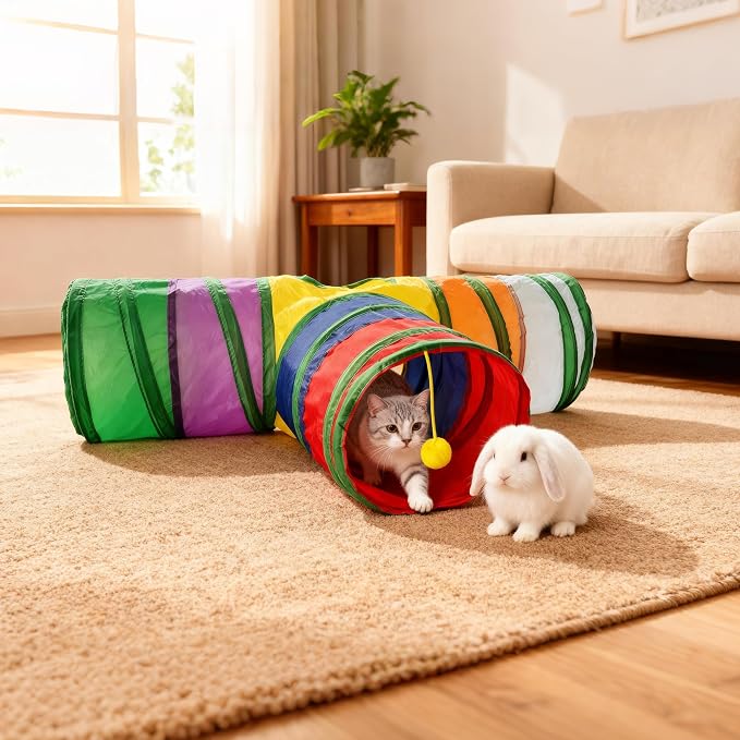 Cat Tunnel,Cat Tunnels for Indoor Cats Interactive, Pet Tunnel Toys for Cats Kitten Rabbits,3 Way Collapsible,Rainbow L 32" T Shape - Image 7