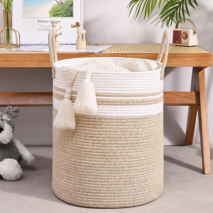 Laundry Hamper for Organizing, 52L Large Laundry Baskets, Cotton Rope Woven Blanket Basket, Collapsible Laundry Hamper for Living Room, Nursery, 15"×18", Jute - Image 4
