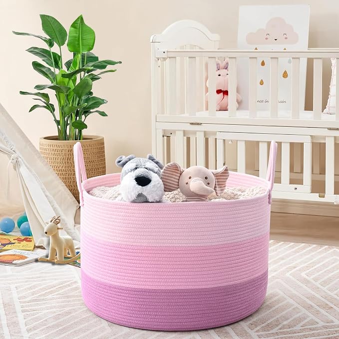 67L Large Woven Blanket Basket, Cotton Rope Baby Laundry Hamper with Handles, Kids Toy Basket for Classroom & Nursery, Soft Round Stuffed Animal Storage, Dog Toy Bin - 20"x13", Pink - Image 6