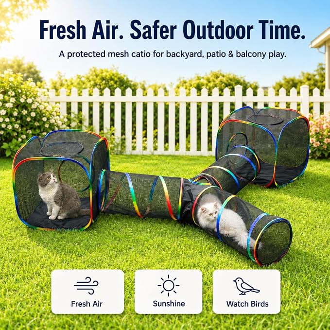 Outdoor Rainbow Cat Enclosures Playground,Outside House for Indoor Cats Include Portable Tent, 3 Way with 2 Cube Tunnel, for Kitty and Small Animals,Within Storage Bag - Image 2