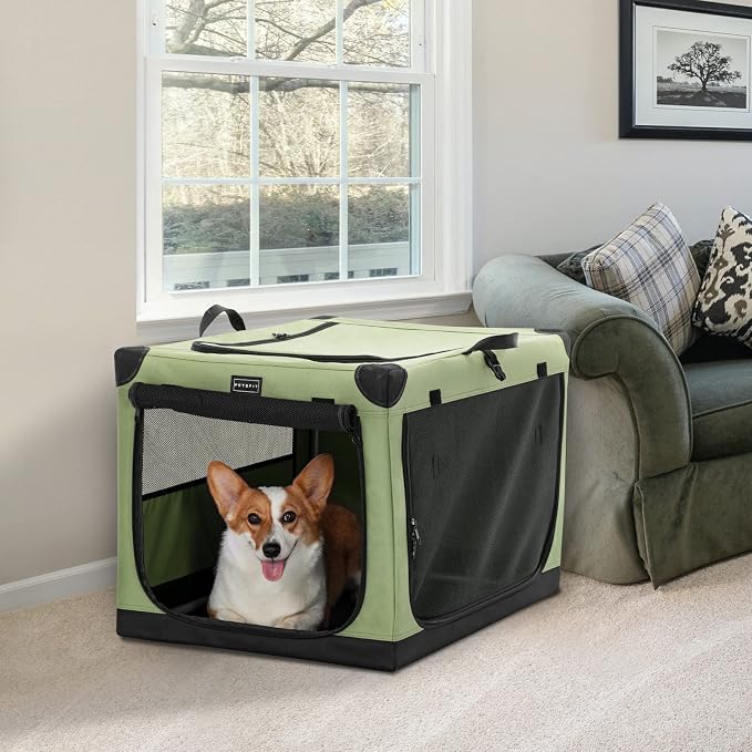 PETSFIT 30" Soft Portable Dog Crate – Patented Spiral Sturdy Frame, Collapsible Travel Kennel for Medium Dogs, 3 Mesh Door, Lockable Zippers, Indoor & Car Use Green - Image 9