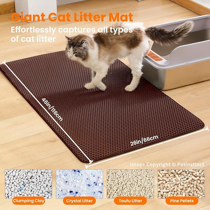Extra Large Cat Litter Mat XXL, Double Layer Honeycomb, Brown | 46x26”, Reduces Litter Tracking, Easy to Clean, Waterproof, Non-Slip, Soft on Paws, Scratch Resistant, Brown, XXL - Image 2