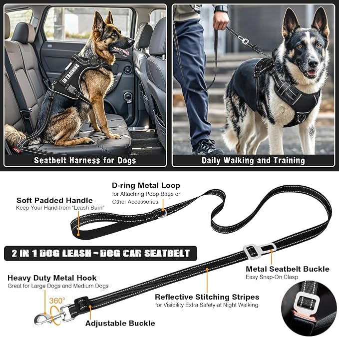 Tactical Dog Harness and Leash Set for Large Dogs+10 Dog Patches | Heavy Duty No Pull Service Dog Vest with Dog Seat Belt,Padded Handles,Adjustable Reflective for Training Hiking Black L - Image 4