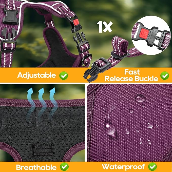 Timos Dog Harness Large Sized, Quick Release Buckles with Handle, Purple XL | Easy On & Off, No Pull No Choke, Adjustable Reflective Soft Padded, Front & Back 2 Clips and Handle for Walking Training - Image 7