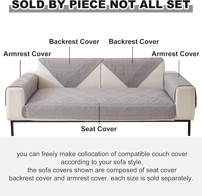 vctops Boho Cotton Quilted Sofa Couch Cover Washable Soft Non Slip Sectional Couch Covers Floral Embroidery Sofa Slipcover for Dogs, Children, Pets Furniture Protector (Grey,36"x47") - Image 2