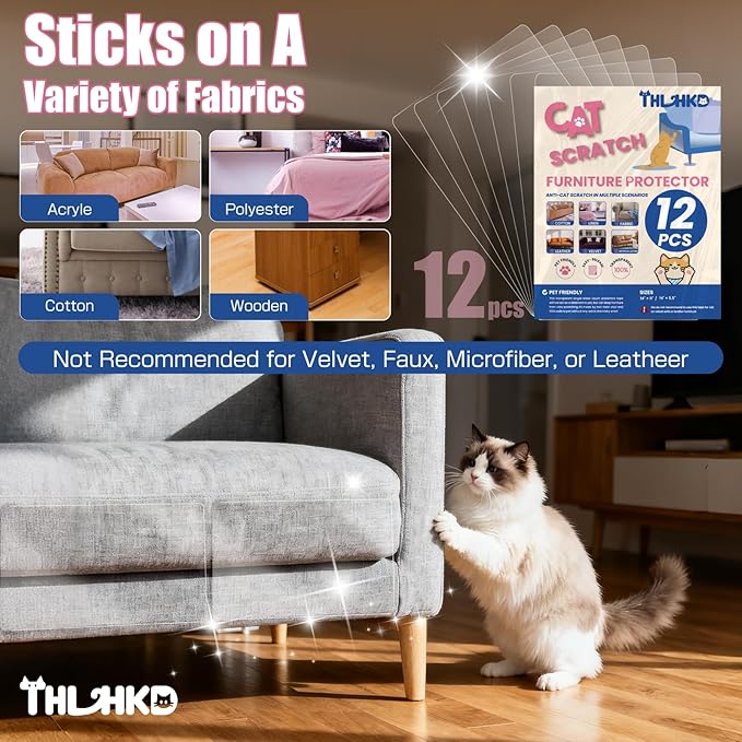 12PCS Cat Scratch Furniture Protector, Single Sided Couch Protectors Tape from Cats Claws Scratching, Transparent Sticky Sheets Proof Clawing Sofa Corner Protection Cover Anti Scratch for Furniture - Image 2