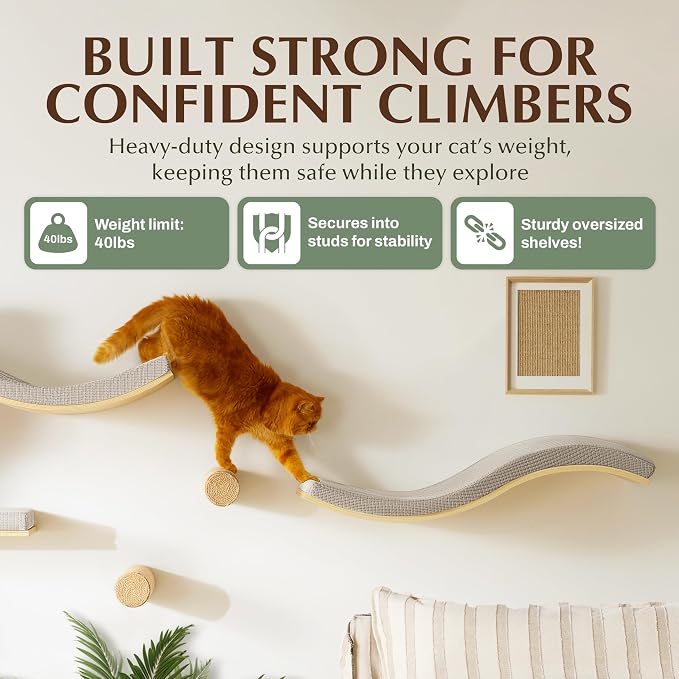 Extra Large 35.4” × 11.6” Stylish Cat Wall Shelves with Soft Cushion, Modern Wall-Mounted Cat Tree Furniture & Perch, Sturdy/Hidden Mounts, Machine Wash Cover, Sleek Design- CALLICO HAVEN Wave S-Shape - Image 4
