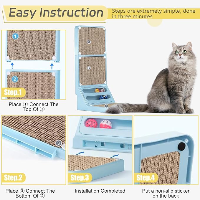 Cat Scratcher Cat Scratch Pad L Shape Wall Mounted Dual Use (Vert/Horiz) Kitten Bunifa Scratching Card Board Vertical Post with Ball Toys Feathers,Protecting Furniture Core is Replaceable Large Blue - Image 5