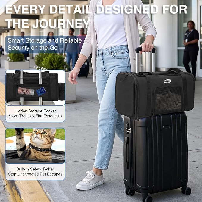 Pet Carrier for Small Dogs & Cats, Airline Approved, Lightweight, Foldable, Comfortable Travel Bag with Plush Cushion & Extra Storage (Black) - Image 3