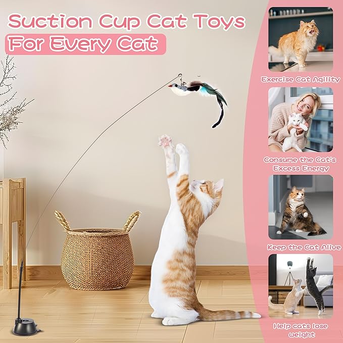 Interactive Bird Simulation Cat Toy Set | Cat Wand Toys,Includes 2 Self-Holding Suction Cup Bases and 6 Detachable Replacement Feather Toys - Image 2