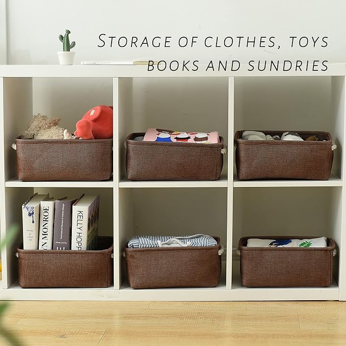 TheWarmHome Storage Basket for Organizing - 12x8x5 inch Small 6 Pack Collapsible Storage Bin for Shelves with Handles, Canves Storage Box for Cloth Closet Organizer Gift Toy (Brown) - Image 4