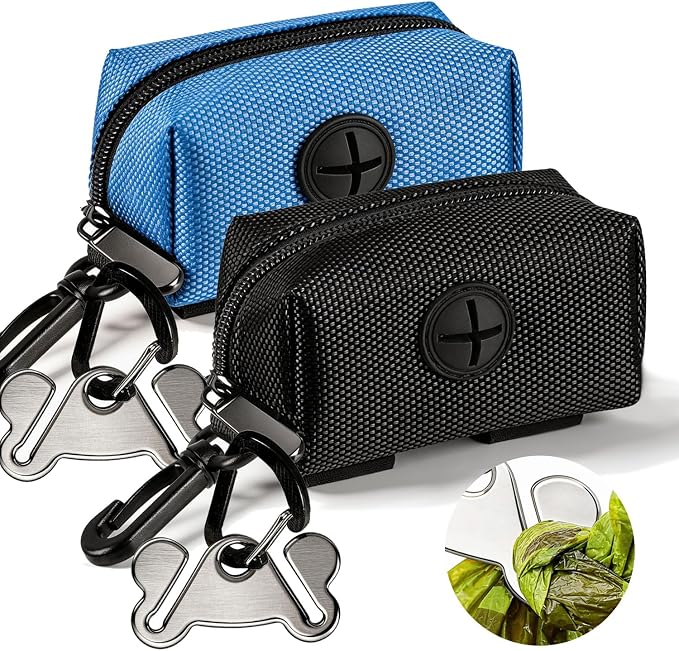 Dog Waste Bag Dispenser Pet Poop Bags Holder for Doggie Waste Bags Dispensers Soft Fabric Zipper Small Doggy Puppy Pouch for Leash Accessory Attachment with Carrier,2PCS Blue&Black by Hilihali