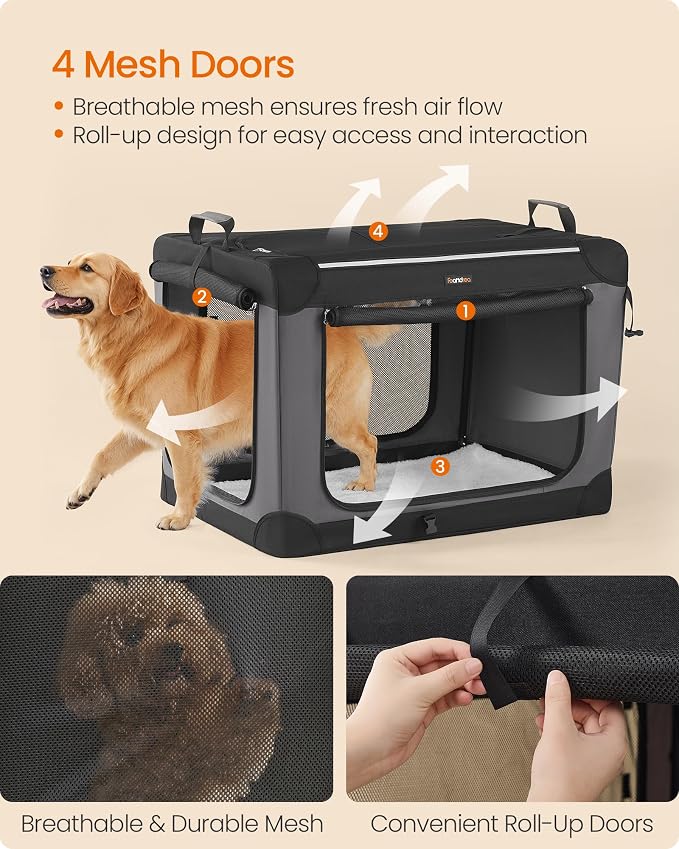 Feandrea Collapsible Dog Crate, Portable Travel Crate, 36-Inch | Oxford Fabric Pet Carrier with 4 Mesh Doors, Handles, Storage Pocket, Water Bottle Holder, UPDC019B01 - Image 4