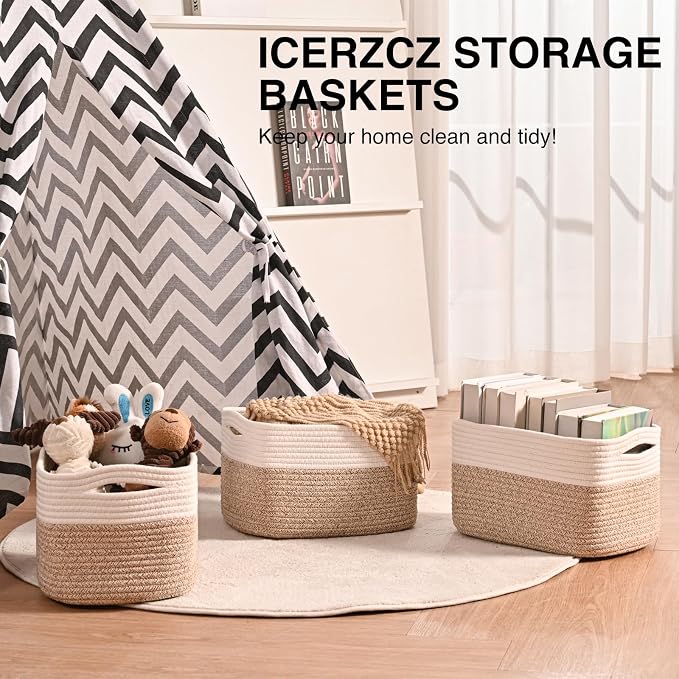 ICERZCZ Storage Baskets for Shelves, Woven Storage Basket, Bins for Cube Storage, Cotton Rope Basket with Handles for Toy, Book, and Clothes Living Room, (4 Packs) Off White & Brown - Image 6