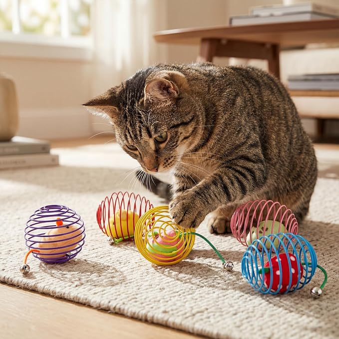 Jecery 5 Pcs Cat Toys Spring,Fruit Mouse,Multicolor | Interactive Metal Cat Toy, Stretchable Rolling Ball, for Indoor Cats, Colorful Playful Coils, Kitten Pet Supplies - Image 7