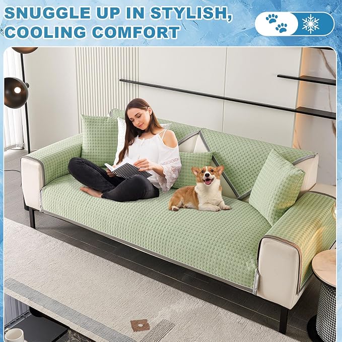 OTOB Cooling Couch Covers for Sofa Washable Non Slip Pet Friendly, 1 Piece | Fresh Green, 35.4"x82.7", Premium Ice Silk Fabric, Modern Geometric, Soft, 3D Bionic Breathable, Sectional Sofa Protector - Image 5