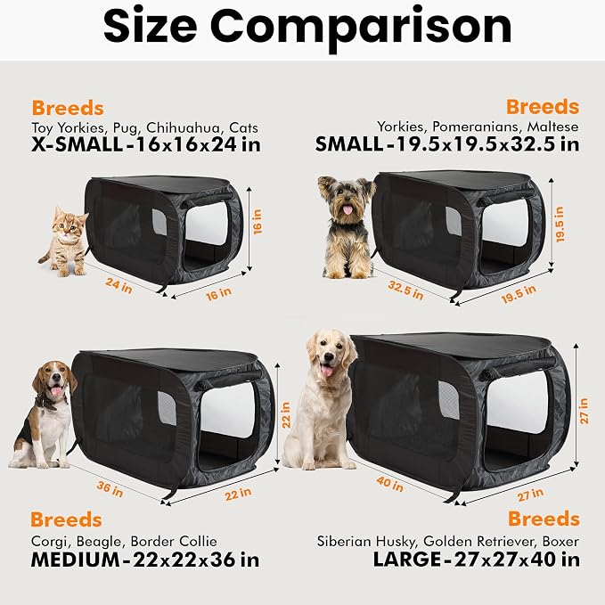 Portable Collapsible Pop Up Kennel, 36" L x 22" W x 22" H, Black | Collapsible indoor/outdoor travel cat and dog crate with mesh screen windows pops up and folds flat for easy storage - Image 3