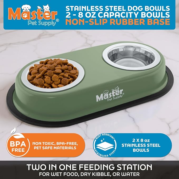 Master Pet Supply Double Dog Bowls Set with Elevated Base Camo Patrol | 2 - (8 oz) Stainless Steel Removable Dishes Double Cat Food Water Bowl, Dog Puppy Food Bowl Set, Rust Resistant, Raised Dish - Image 2