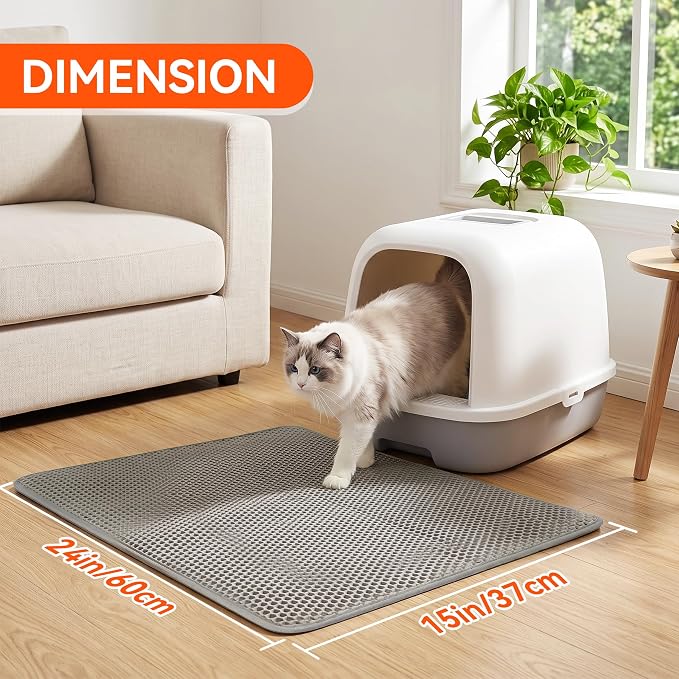 Cat Litter Mat, Double Layer Litter Trapping Mat, Gray (24" x 15") | Waterproof cat mat for litter box. Washable EVA kitty litter mat & scatter control honeycomb litter box mat - Image 2