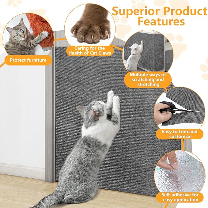 Cat Scratch Pad for Wall, Scratch Furniture Protector(39.3”×15.8”) | Cuttable and Adhesive Cat Scratching Mat, Fun Interactive Scratcher (Light Gray) - Image 3