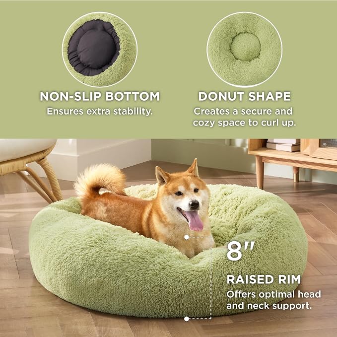 Bedsure Calming Dog Bed Medium Size Dog Donut Washable Pet Bed,30ins Green | Fluffy Faux Fur Round Cuddler,Machine Washable,Anti-Slip Bottom,Anti-Anxiety,Deep Sleeping for Pets Up to 45 Lbs - Image 3