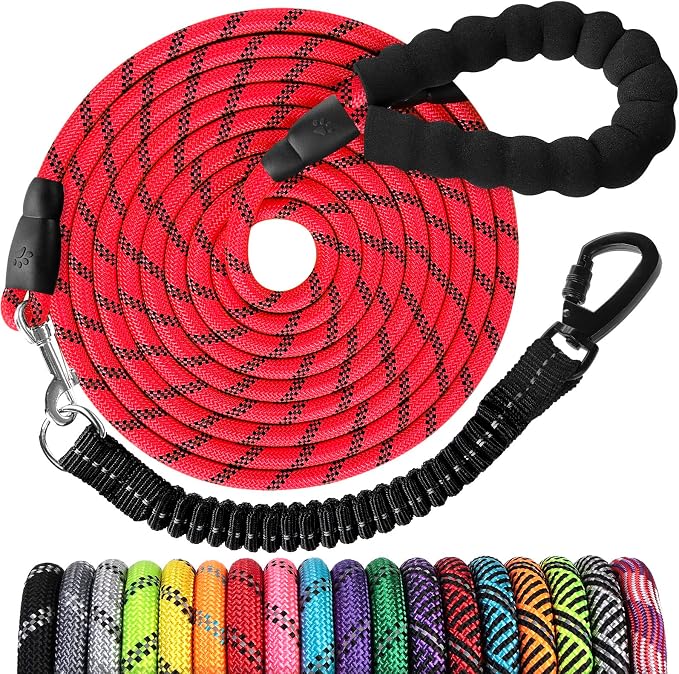 Long Dog Leash 30 FT: Heavy Duty Rope Leashes for Dogs Training with Swivel Lockable Hook Reflective Threads Bungee and Padded Handle - Dog Lead for Large Small Medium Dogs Outside Walking Hiking Red by jenico