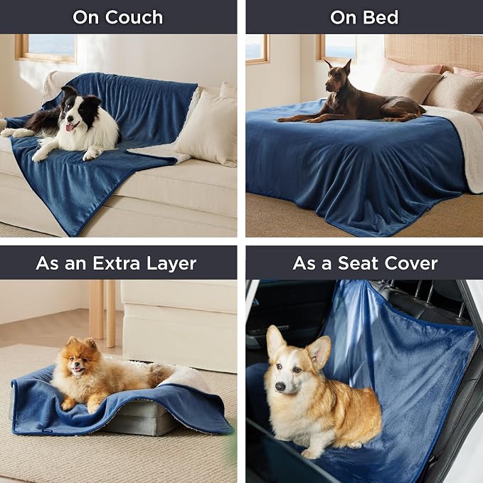 Bedsure Waterproof Dog Blankets for Large Dogs Sherpa Fleece Throw, 40X50 | Washable Soft Plush Pet Cat Blanket for Couch Cover, Reversible Cozy Calming Sofa Protector Warm for Senior Dogs,Blue - Image 5