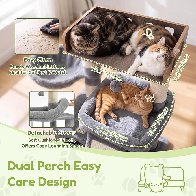 Heybly Cat Tree, Multi-Season Stable Cat Activity Tower, HCT207SW | Wooden Top Platform Cat Tower, Soft Plush Perch, Sisal Scratching Board, Cat Basket & Cozy Kitten Cat Condo, Light Gray - Image 3