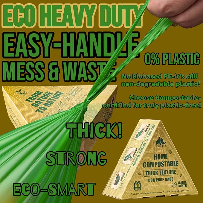 RockRhino XL Dog Poop Bags, Ultra Thick & Deep, 4-Layer Interlocked Bottom | 17.7 x 9.4'', 21+μm Thick, Certified Compostable | Easy Open Tie Handles, 60 Bags | Vanilla Scent, Fits Holder, Not Scooper - Image 2