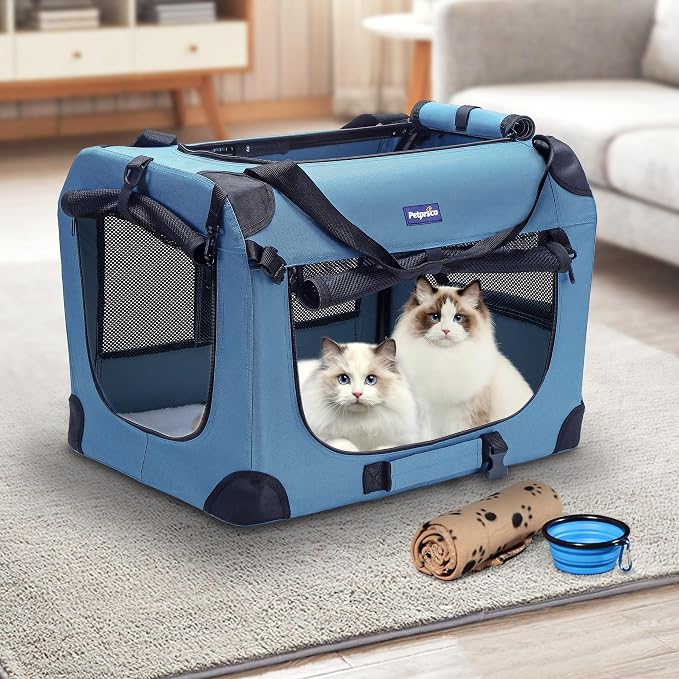Petprsco Portable Collapsible Dog Crate, 24" Soft Dog Crate for Car Travel | Includes Mat, Blanket & Bowl, Strong Fabric, 4-sided Mesh Vents, 3 Doors, Fit Small Dogs & Large Cats Indoor and Outdoor Use - Image 2
