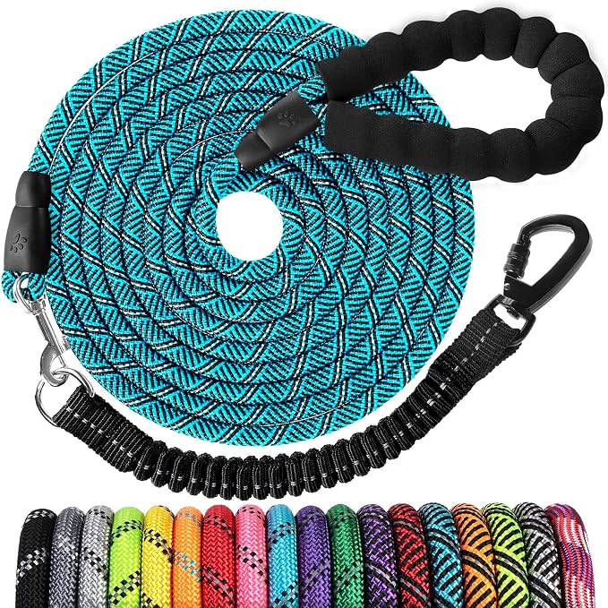 Long Dog Leash 15 FT: Heavy Duty Rope Leashes for Dogs Training with Swivel Lockable Hook Reflective Threads Bungee and Padded Handle - Dog Lead for Large Small Medium Dogs Outside Walking Hiking Blue by jenico