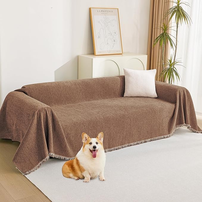MYSKY HOME Loveseat Cover Camel Couch Cover Sectional Couch Covers for 2 Cushion Couch Sofa Thick Universal Chenille Sofa Cover with Tassel Durable Furniture Protector for Dogs 91" x 118" by MYSKYHOME