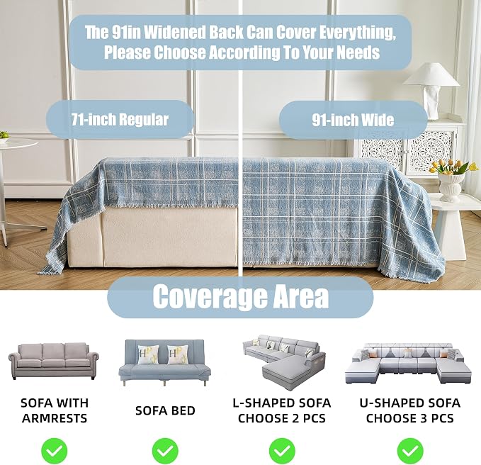 Couch Cover for Dogs Washable Sofa Cover, Sectional Couch Covers, Sofa Covers for 2 Cushion Couch, Non Slip Stripe Sofa Slipcovers Furniture Protector (Blue Checkered 71x134) - Image 3