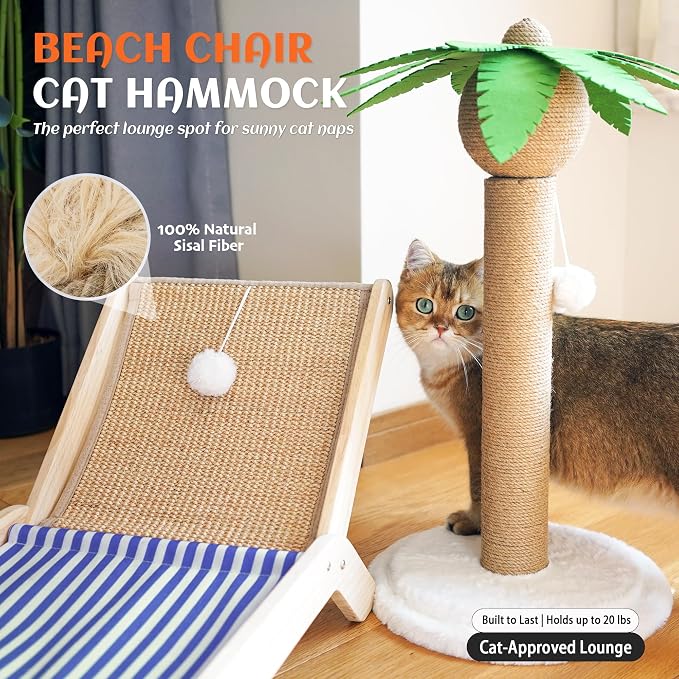 PETKARAY Beach Chair Cat Hammock, Elevated Cat Beds for Indoor Cats, Original Cozy Lounger with Sisal Scratcher and Toy Ball - Image 2