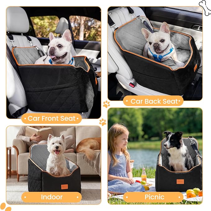 HiPetpy Dog Car Seat 6" Elevated Memory Foam Booster Seat for Small Medium Dogs Under 35 lbs with Pet Blanket, Washable Pet Car Seat with Safety Leash, Anti-Slip Base and Storage Pockets - Image 8