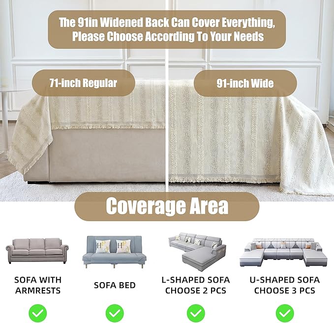 Couch Cover for Dogs Washable Sofa Cover, Sectional Couch Covers, Sofa Covers for 2 Cushion Couch, Non Slip Stripe Sofa Slipcovers Furniture Protector (Beige, 71x150) - Image 3