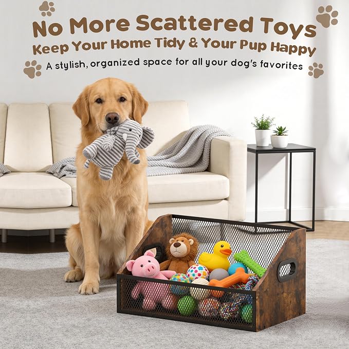 Piskyet Wood Dog Toy Bin, Dog Toy Box(Rustic Brown) | Wood Dog Toy Basket,Dogs Storage Organizer, Large Cat Toys Basket Box for Living Room Area Wooden Organizing Storage - Image 7