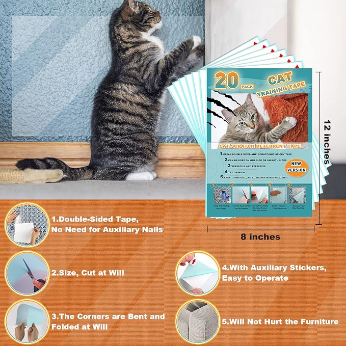 Cat Scratch Deterrent Tape Anti Cat Scratch Furniture Protector Tape Sheets | 20 Pack Couch Protector from Cat Claws, 12*8" Transparency Double Sided Anti Scratching Sticky Tape for Cats Training Tape - Image 3