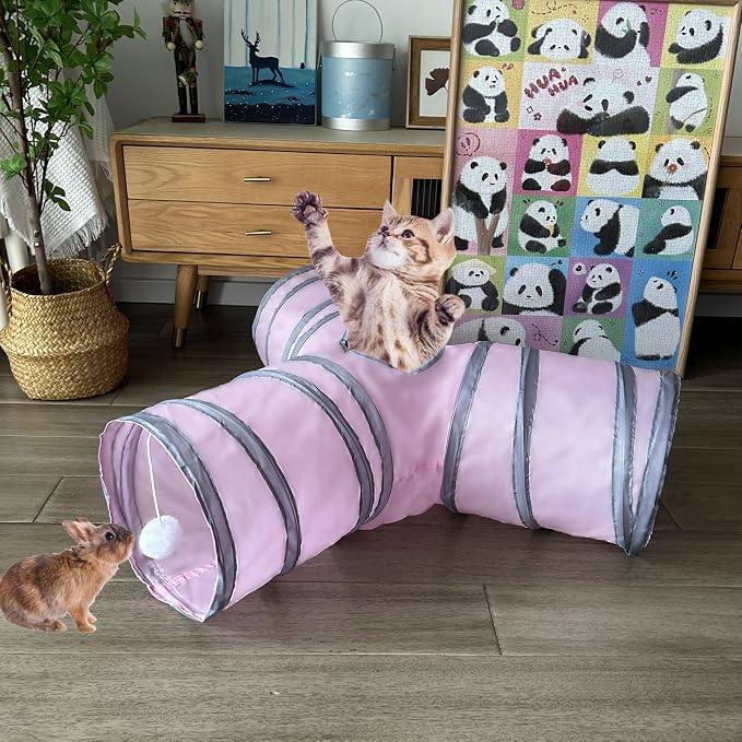 3-Way Collapsible Cat Tunnel Tube Toy Pink — Interactive Play Tunnel with Hanging Ball & Peek Hole for Indoor Cats, Kittens, Puppies & Rabbits | Hours of Fun & Exercise - Image 6