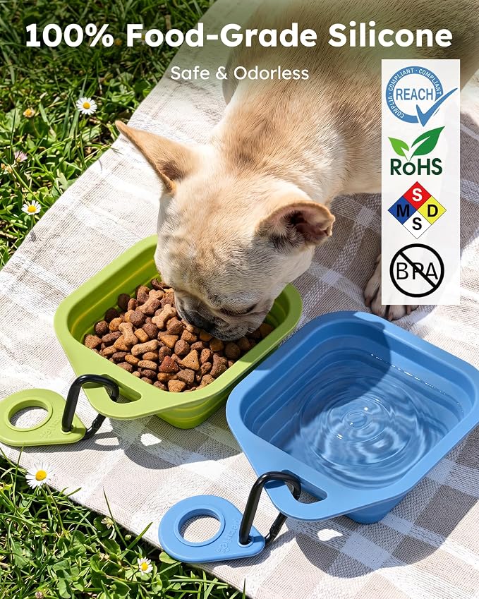 Pecute 2 Pack Foldable Dog Bowls for Travel, Portable Silicone, Blue/Green | Food-Grade Silicone, BPA Free, with Carabiner Clip for Hiking, Durable & High Quality, Dishwasher Safe, 15oz Per Bowl - Image 5