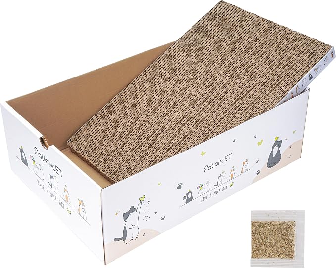 PatiencET Cat Scratch Pad with Box, Corrugated Cardboard Scratcher | Raised edges, less mess, cozy lounge, furniture protection, double-sided scratch surface, replaceable design, catnip included by patiencET